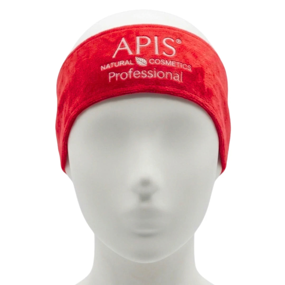 Apis red velour cosmetic headband with logo on a white background