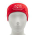 Apis red velour cosmetic headband with logo on a white background