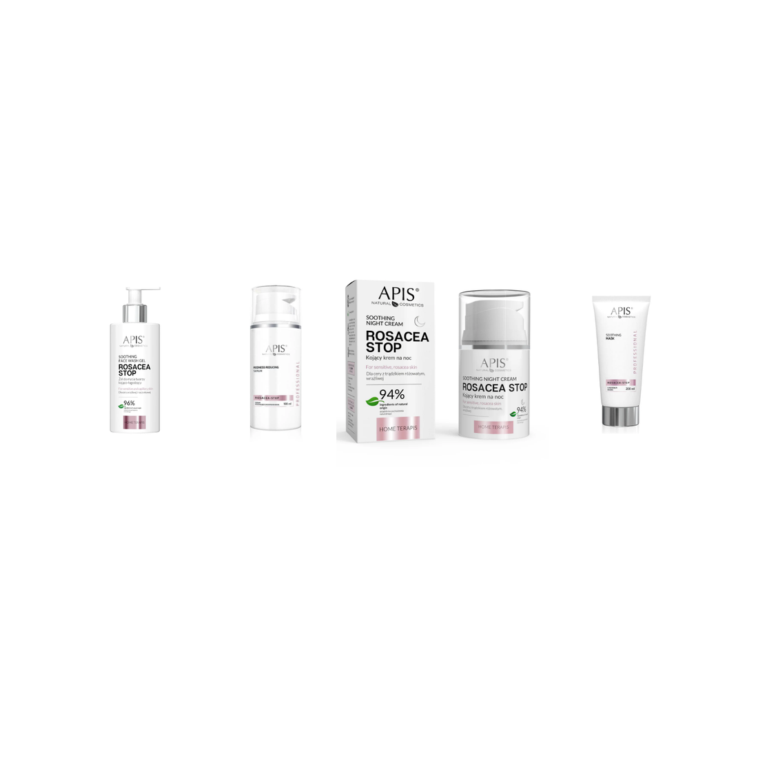 Apis Rosacea-Stop Complete Calm Ritual bundle products on white background