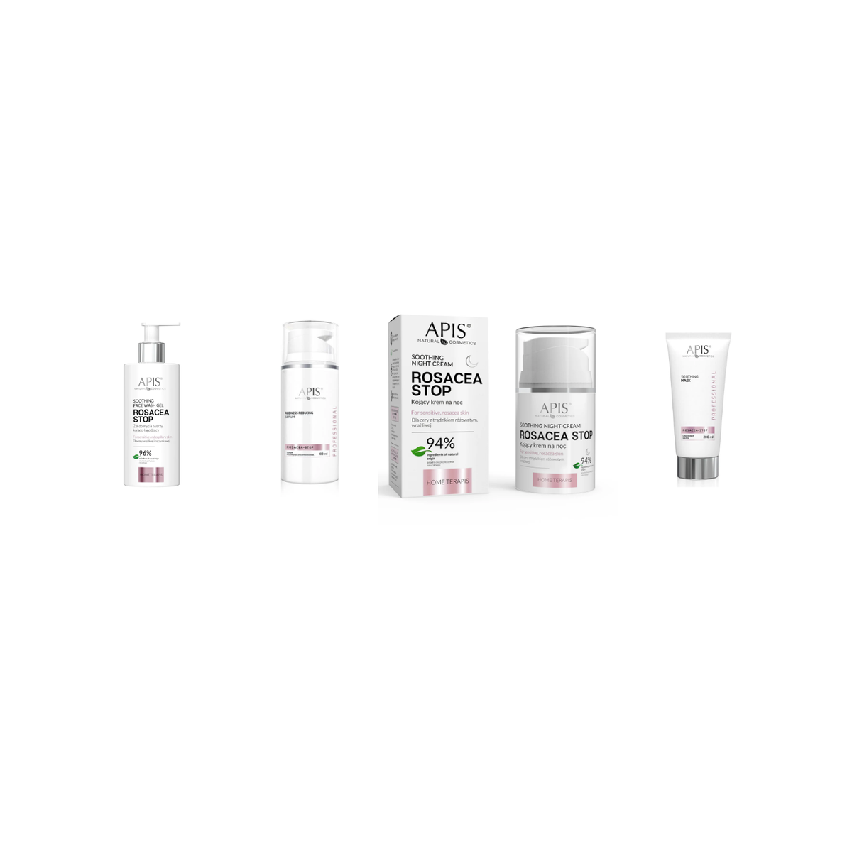 Apis Rosacea-Stop Complete Calm Ritual bundle products on white background